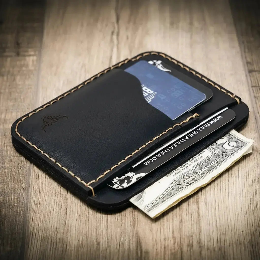Black leather minimalist wallet with card slots and cash pocket