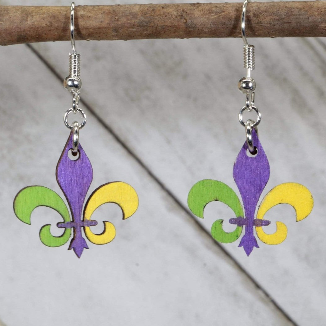 Mardi Gras Fleur-de-lis Wooden Dangle Earrings | New Orleans Jewelry