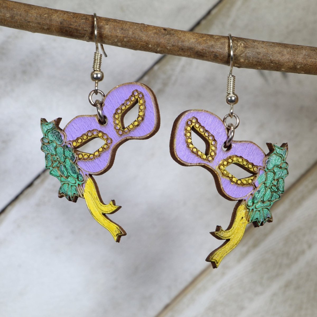 Mardi Gras Floral Mask Wooden Dangle Earrings | Carnival Jewelry