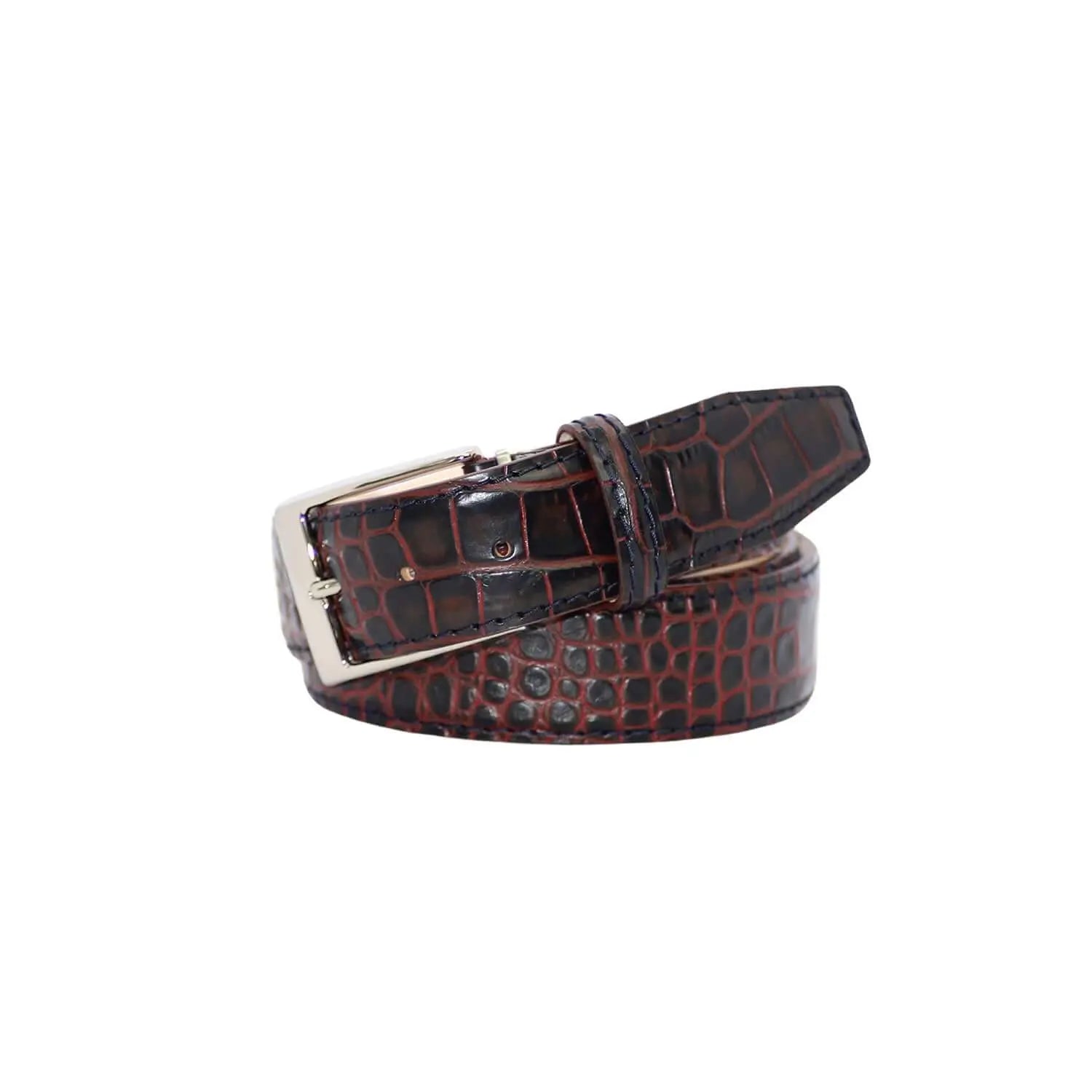 Close up of maroon vintage mock croc leather belt texture