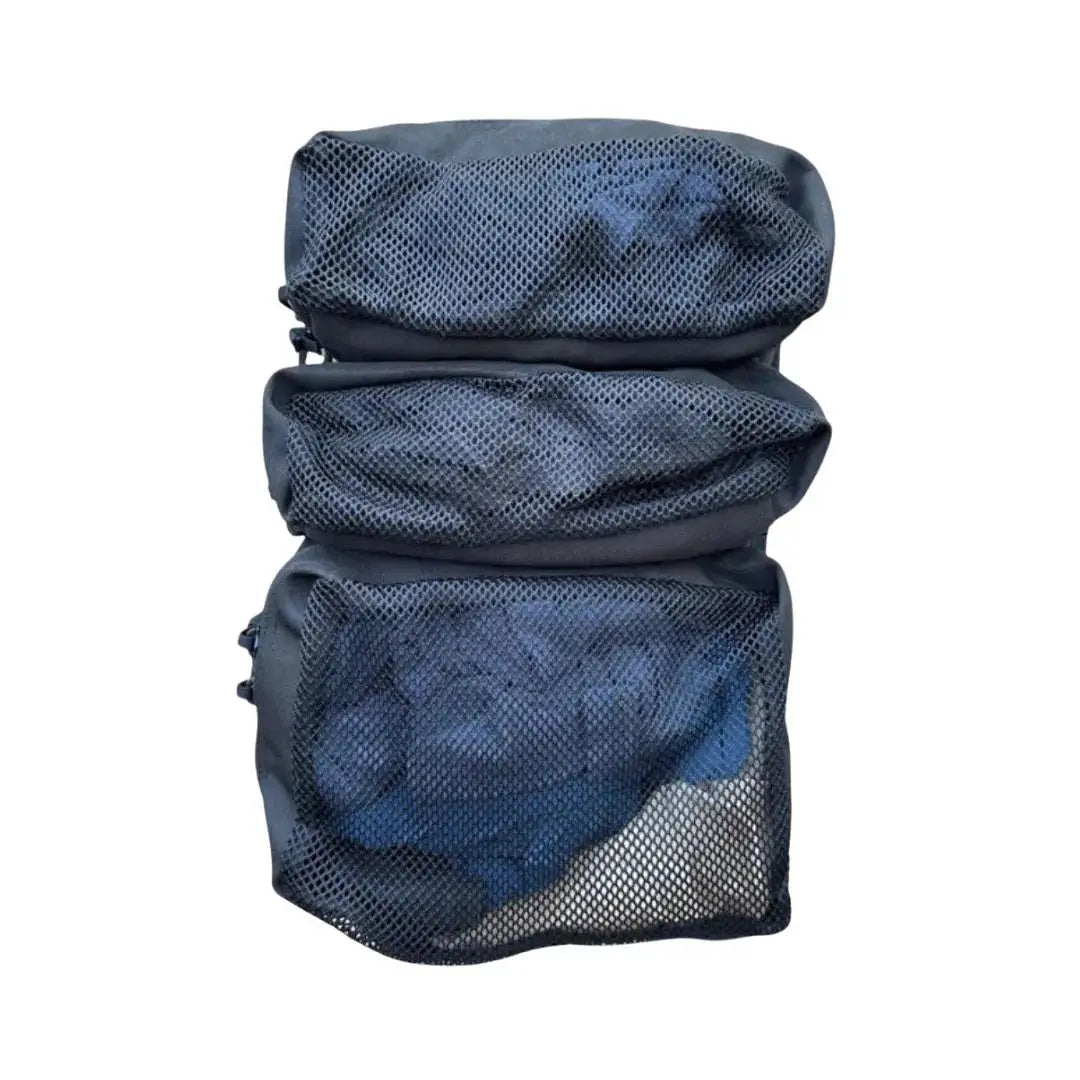 Black mesh organizer pouches stacked together