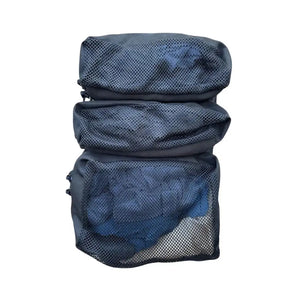 Black mesh organizer pouches stacked together