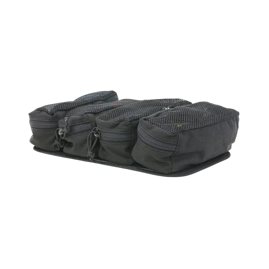 Black mesh pouch set with three zippered compartments on a flat base.