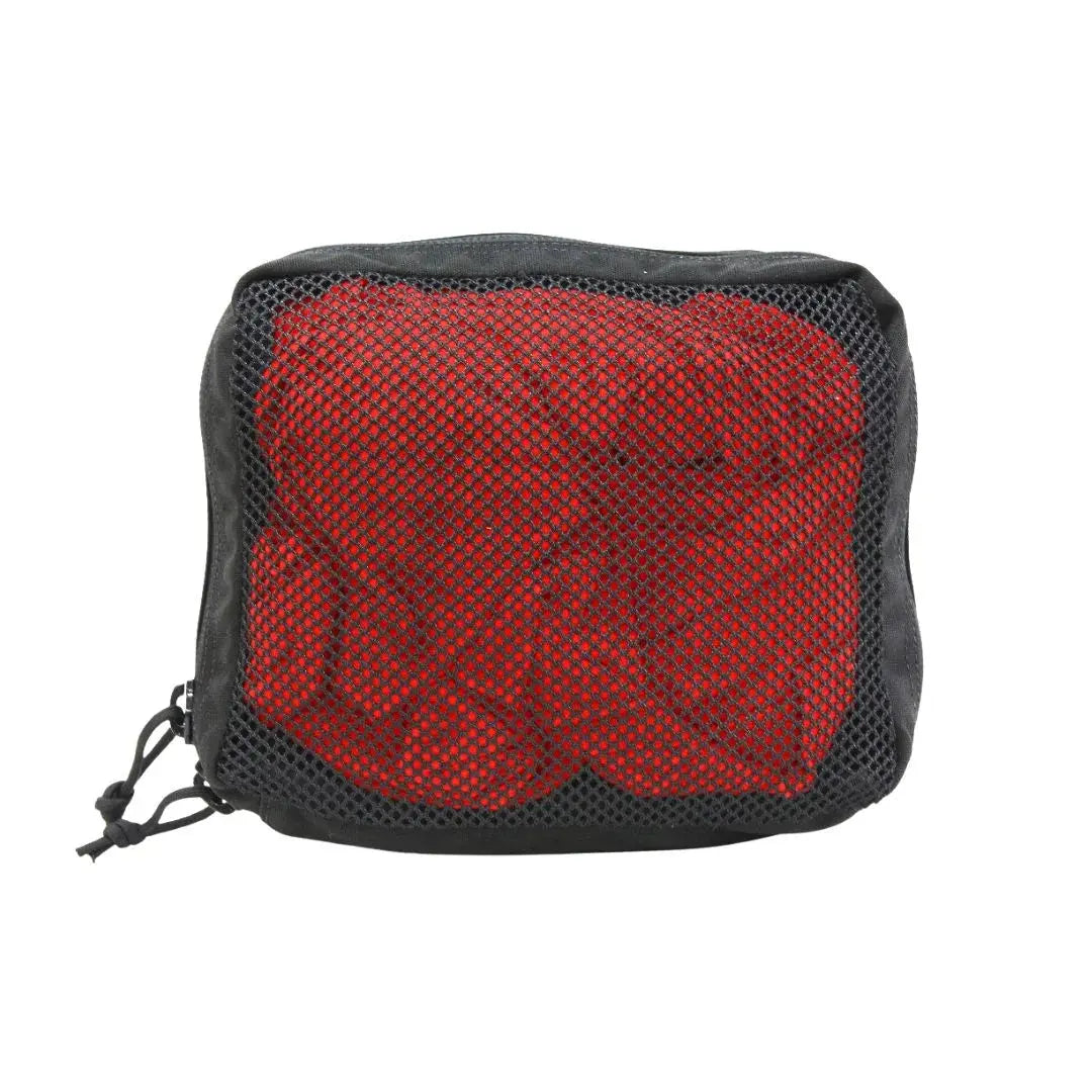 Black mesh pouch with red interior