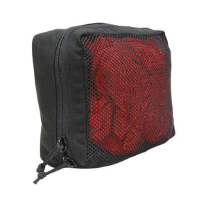 Black tactical pouch with a visible red interior through a mesh front compartment and zipper closure.