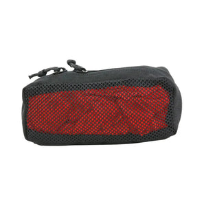 Black mesh pouch with red interior and zipper.
