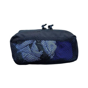 Black mesh pouch with visible blue and white items inside