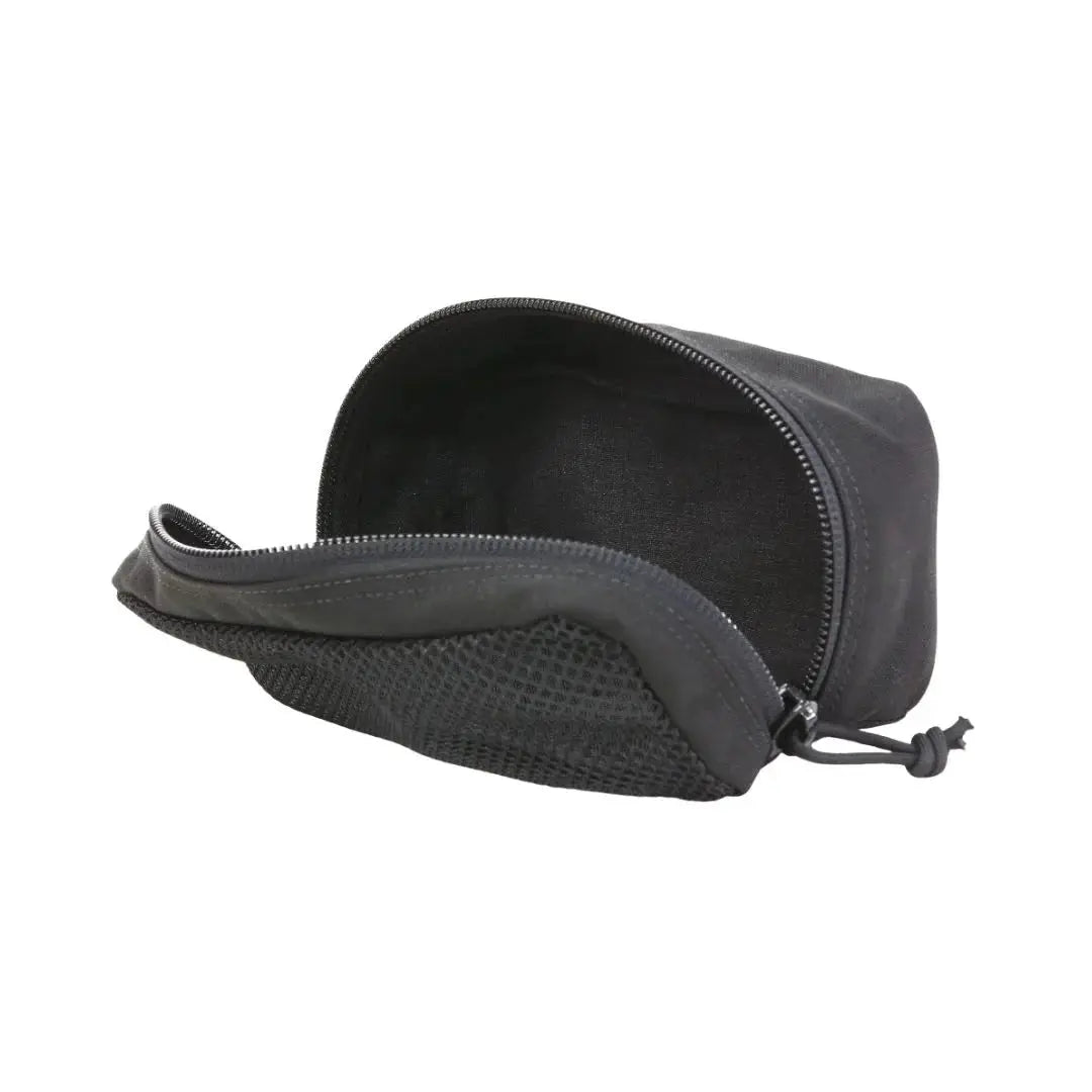 Black mesh pouch with zipper open, showing inside storage.