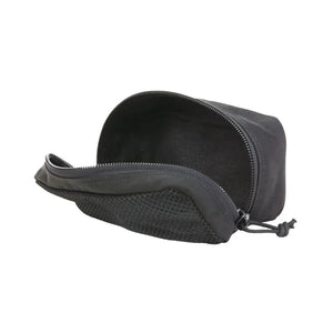 Black mesh pouch with zipper open, showing inside storage.