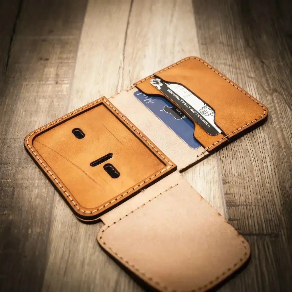 Brown leather minimalist badge wallet with card slots and badge holder.
