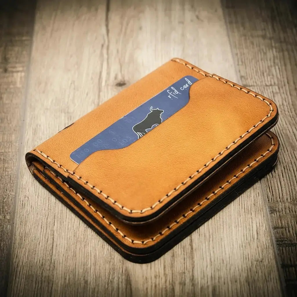 Brown leather minimalist badge wallet with RFID card and bull logo