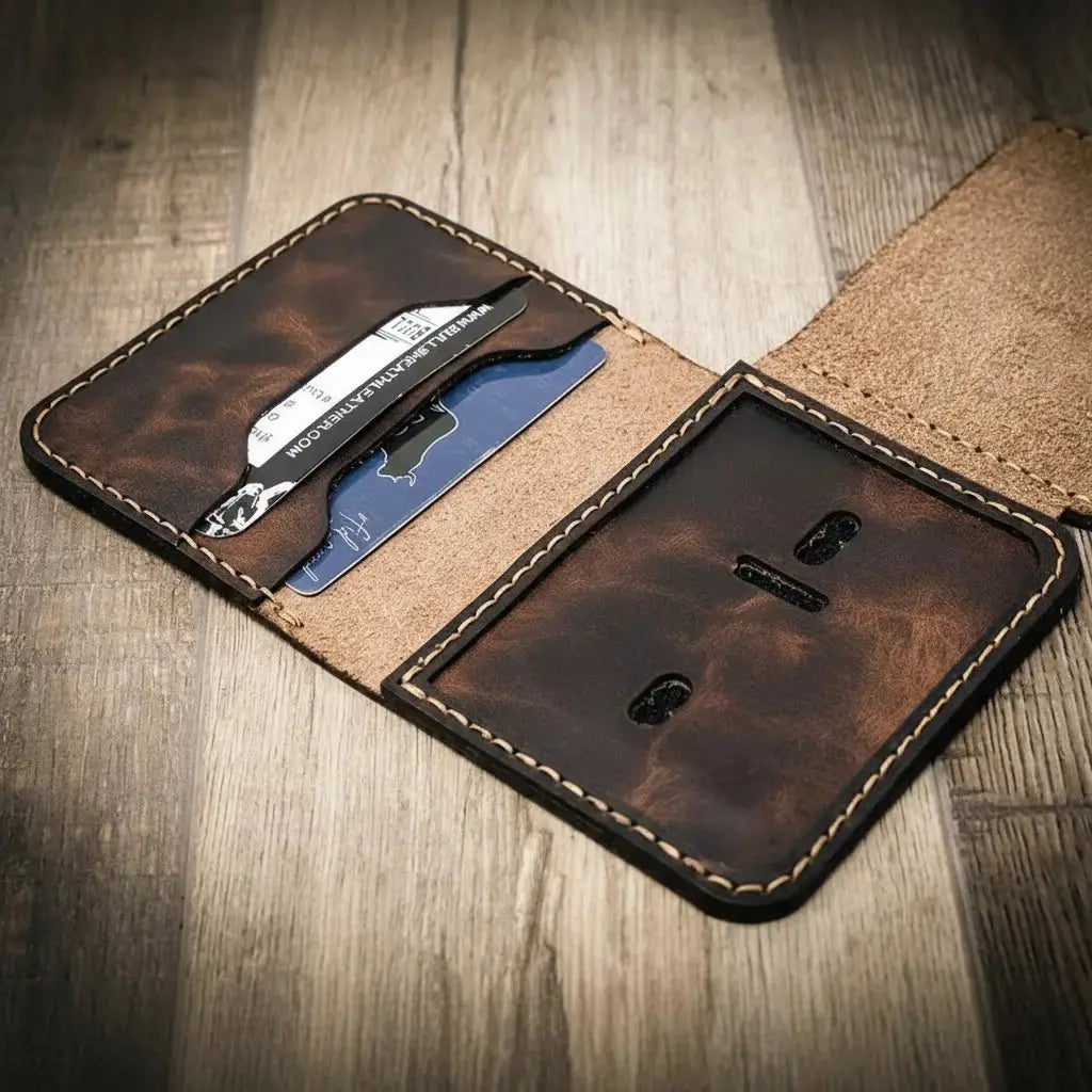 Brown leather minimalist badge wallet with card slots and ID window