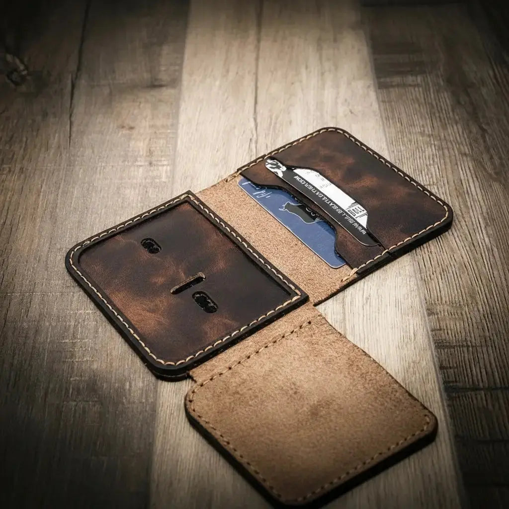Brown leather minimalist badge wallet with card slots and ID window