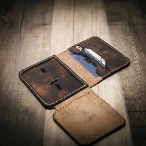 Brown leather minimalist badge wallet with card slots and ID window
