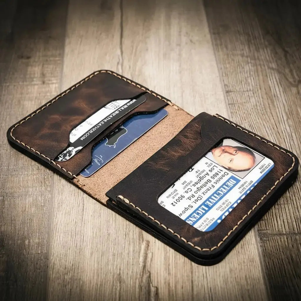 Brown leather bi-fold wallet with ID window showing a detective license and card slots.