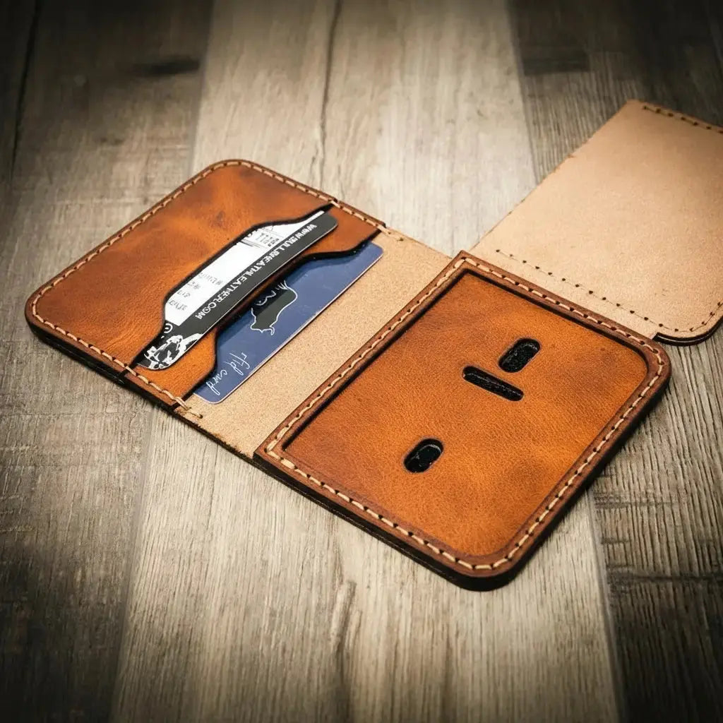 Brown leather minimalist badge wallet open showing card slots and badge area.