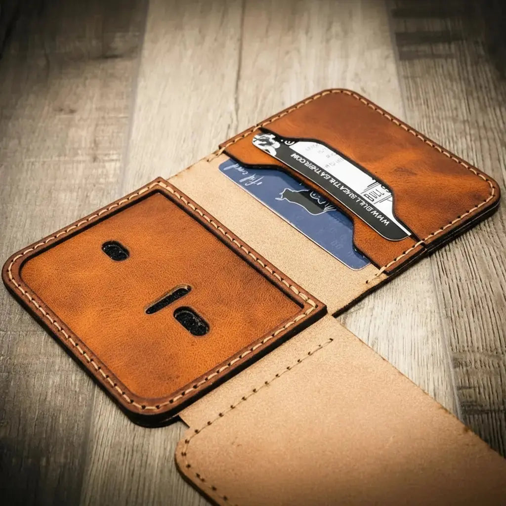 Brown leather minimalist badge wallet with card slots and ID window.