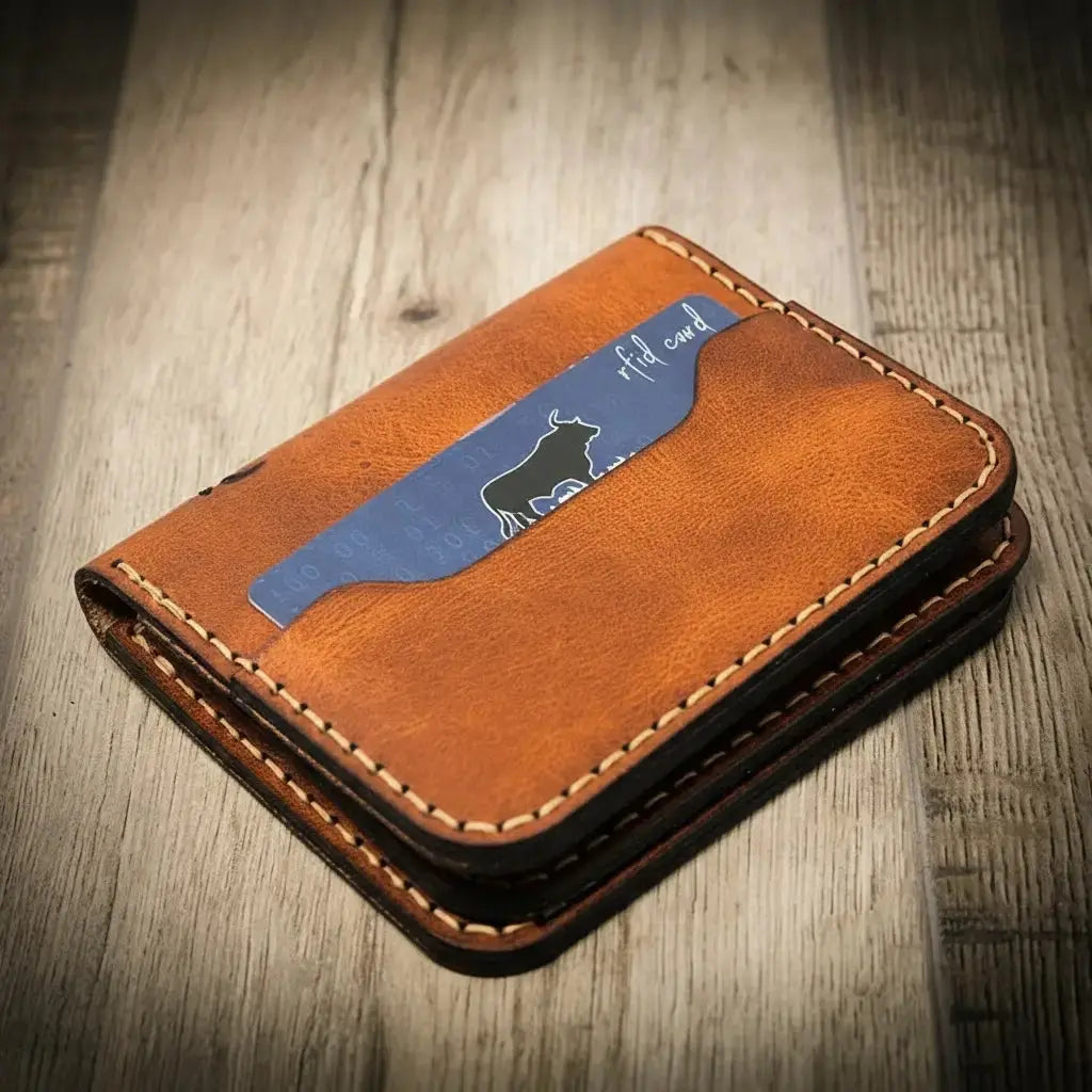 Brown leather minimalist wallet with RFID card slot.