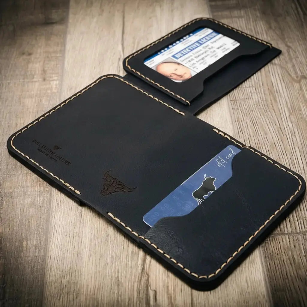 Dark leather minimalist badge wallet with ID window and card slots