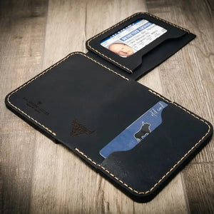 Dark leather minimalist badge wallet with ID window and card slots