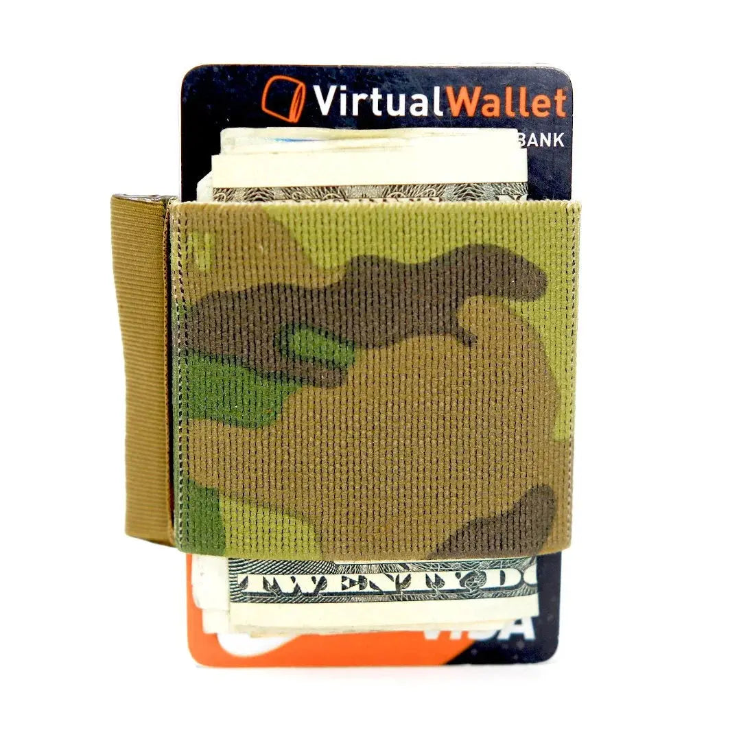 Camouflage elastic band wallet holding cash and cards