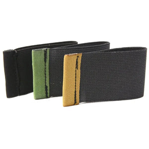 Three elastic band wallets in black, green, and tan colors.