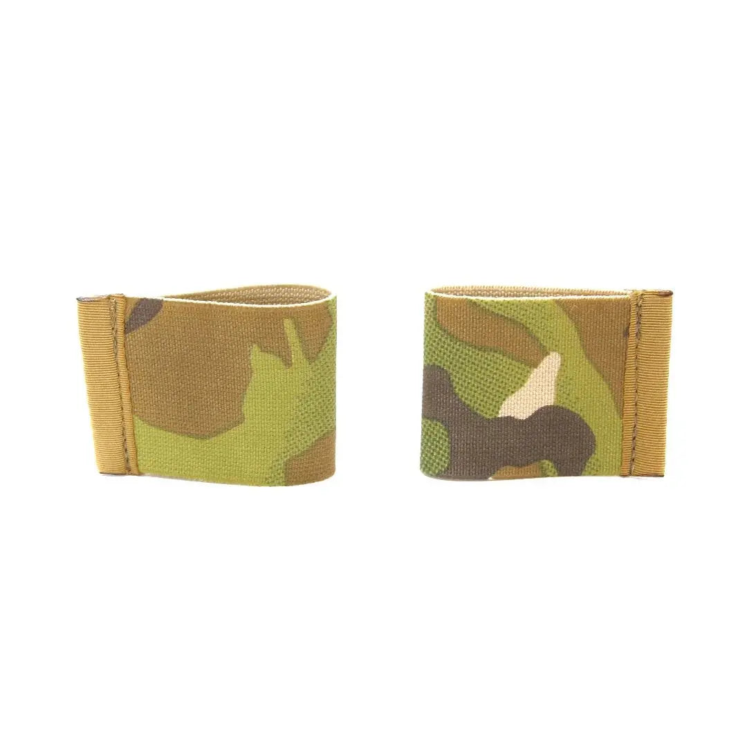 Two camouflage elastic card band wallets on a white background
