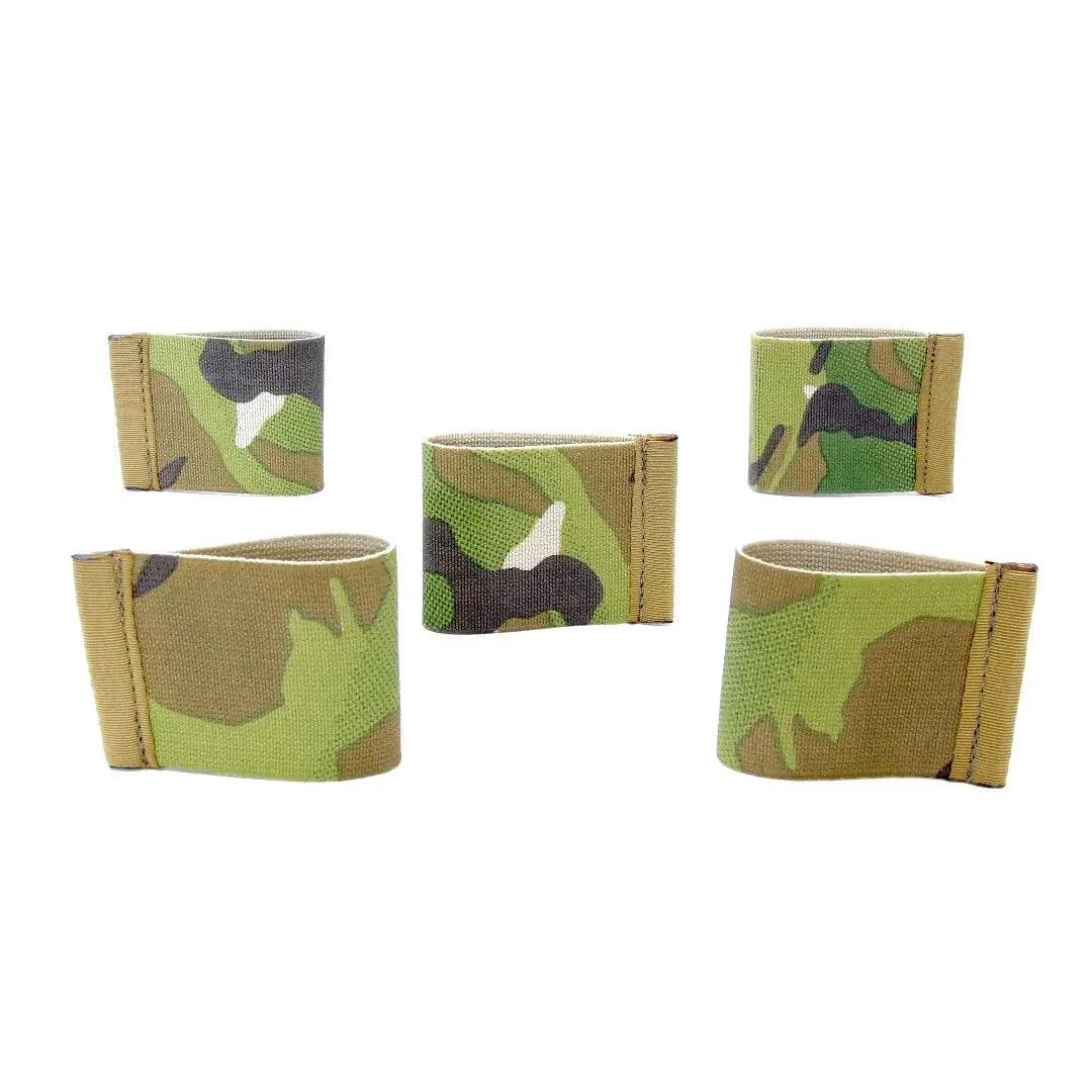 Camouflage elastic card band wallet with minimalist design.