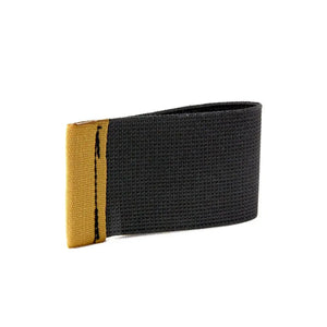 Minimalist black elastic card holder wallet with a gold accent band.