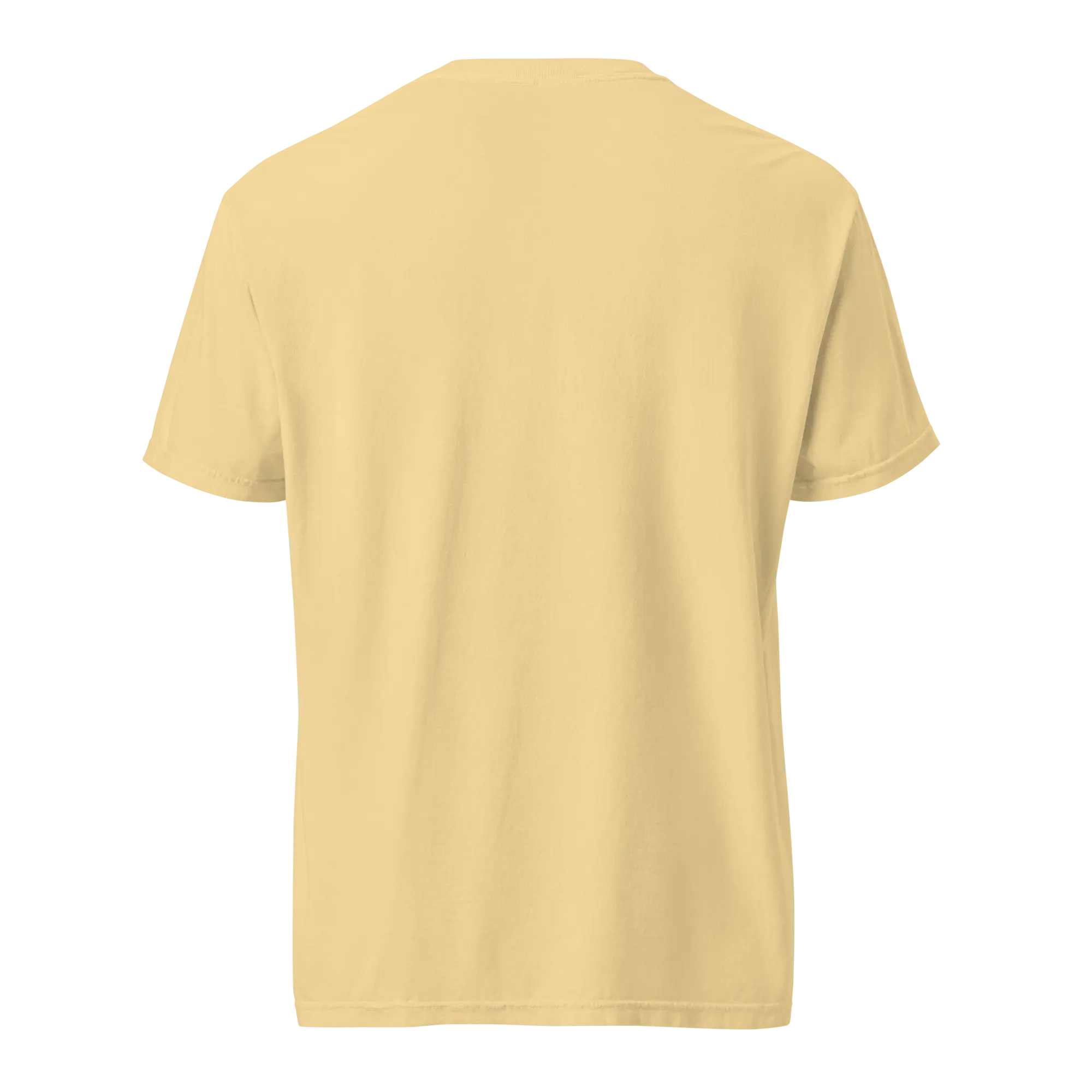 Back of a yellow Comfort Colors t-shirt, short sleeves