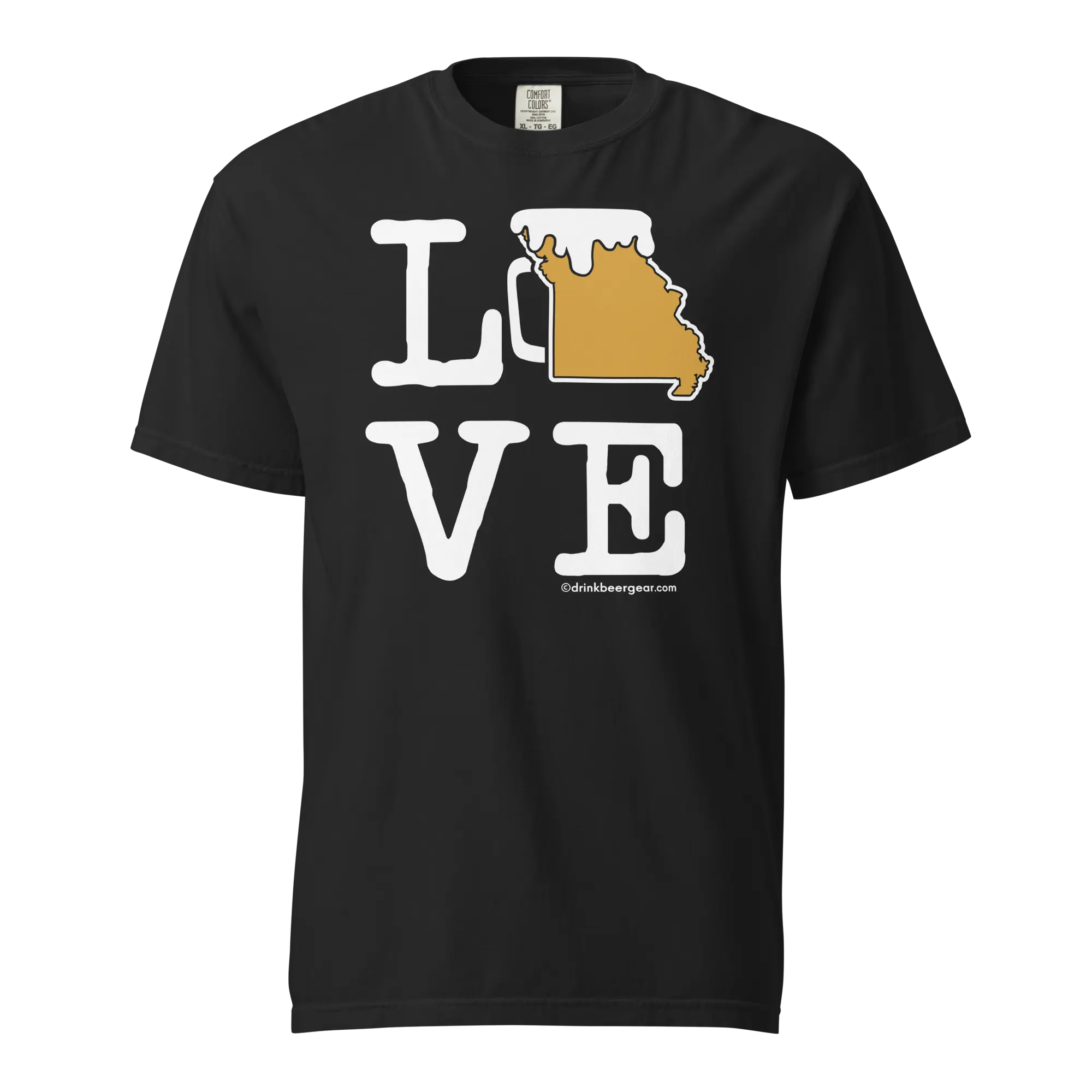 Black t-shirt with white "LOVE" text and a beer mug shaped like Missouri outlined in white and filled with gold color.