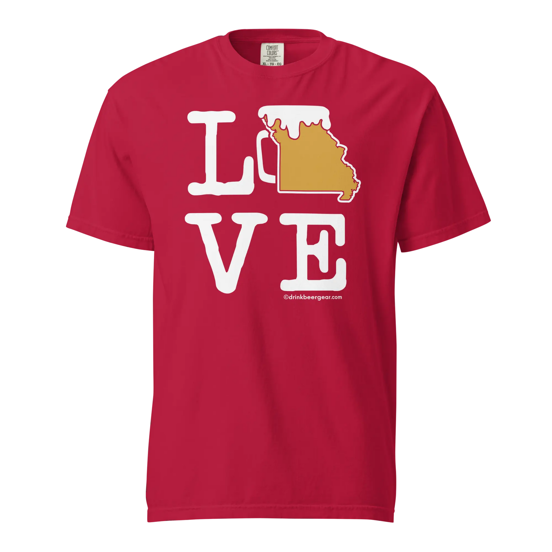 Red T-shirt featuring the word "LOVE" with a beer mug shaped like Missouri in place of the "O".