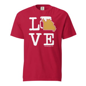 Red T-shirt featuring the word "LOVE" with a beer mug shaped like Missouri in place of the "O".