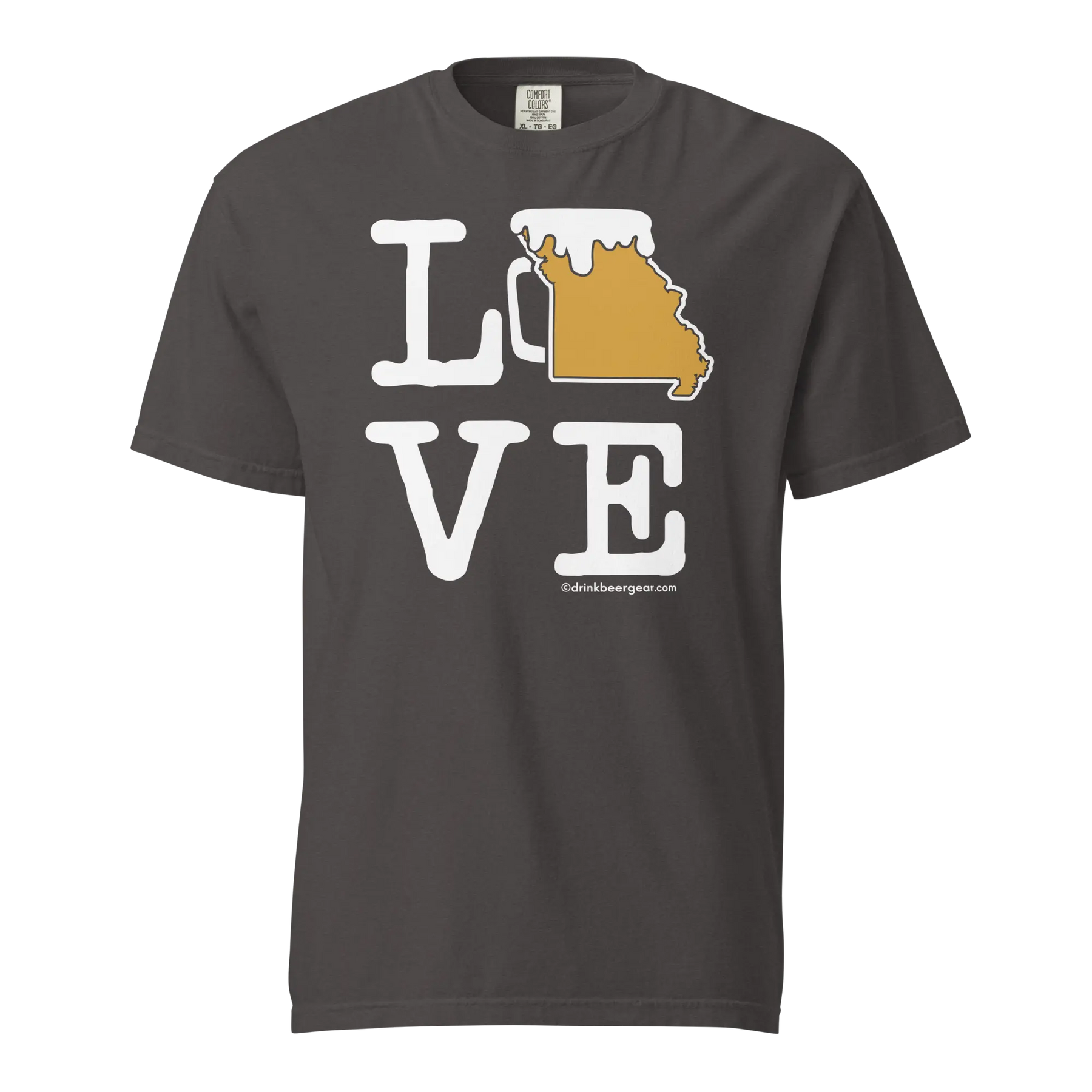 Gray T-shirt with \"LOVE\" design: letter L, Missouri beer mug graphic, and letters VE. \"drinkbeergear.com\" at the bottom.