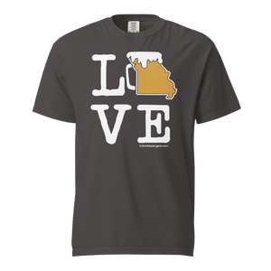 Gray T-shirt with \"LOVE\" design: letter L, Missouri beer mug graphic, and letters VE. \"drinkbeergear.com\" at the bottom.