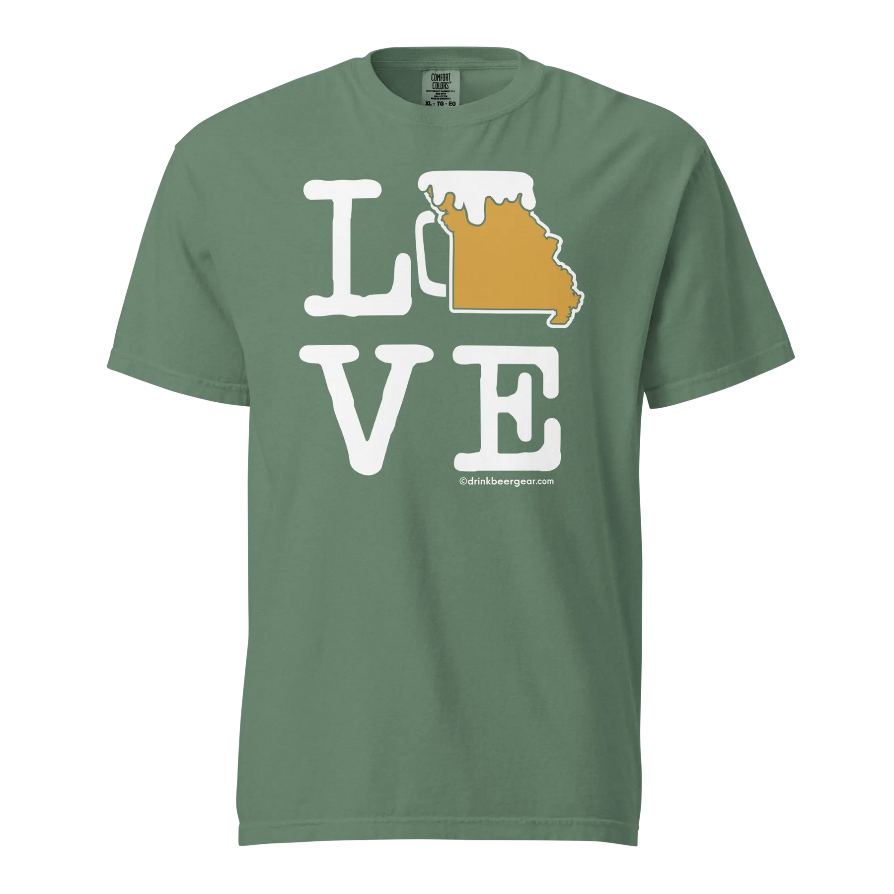 Green t-shirt with "LOVE" text and a beer mug shaped like Missouri.