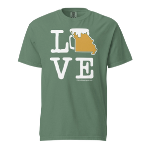Green t-shirt with "LOVE" text and a beer mug shaped like Missouri.