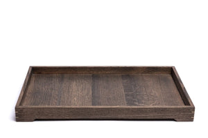 Dark wood tray with visible wood grain and brass accents on a white background. The tray has short legs.