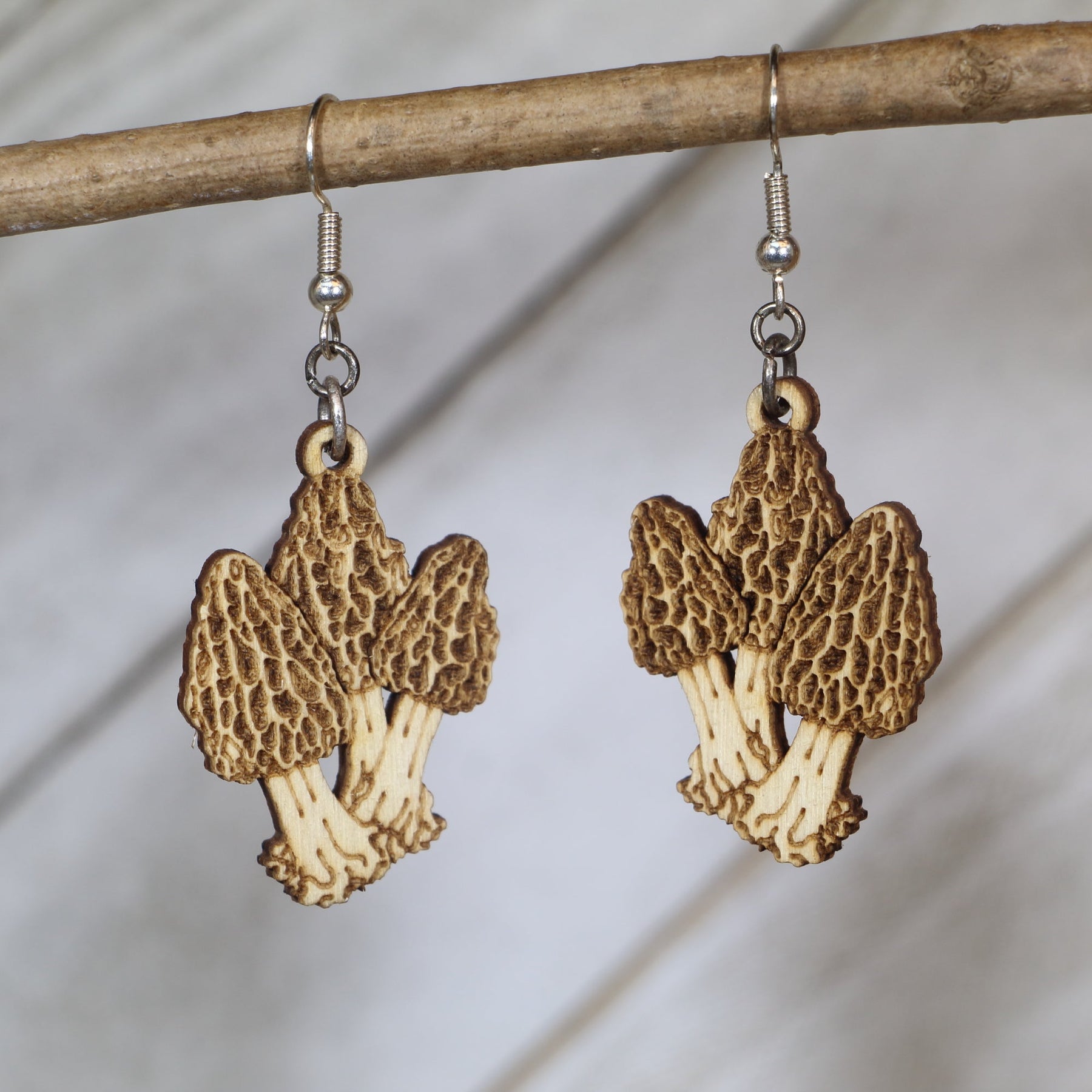 Morel Mushroom Wooden Dangle Earrings | Nature Forager Jewelry