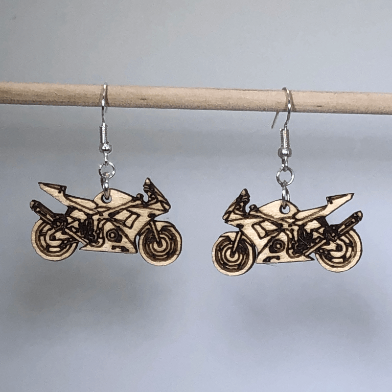 Motorcycle Wooden Dangle Earrings | Biker Jewelry