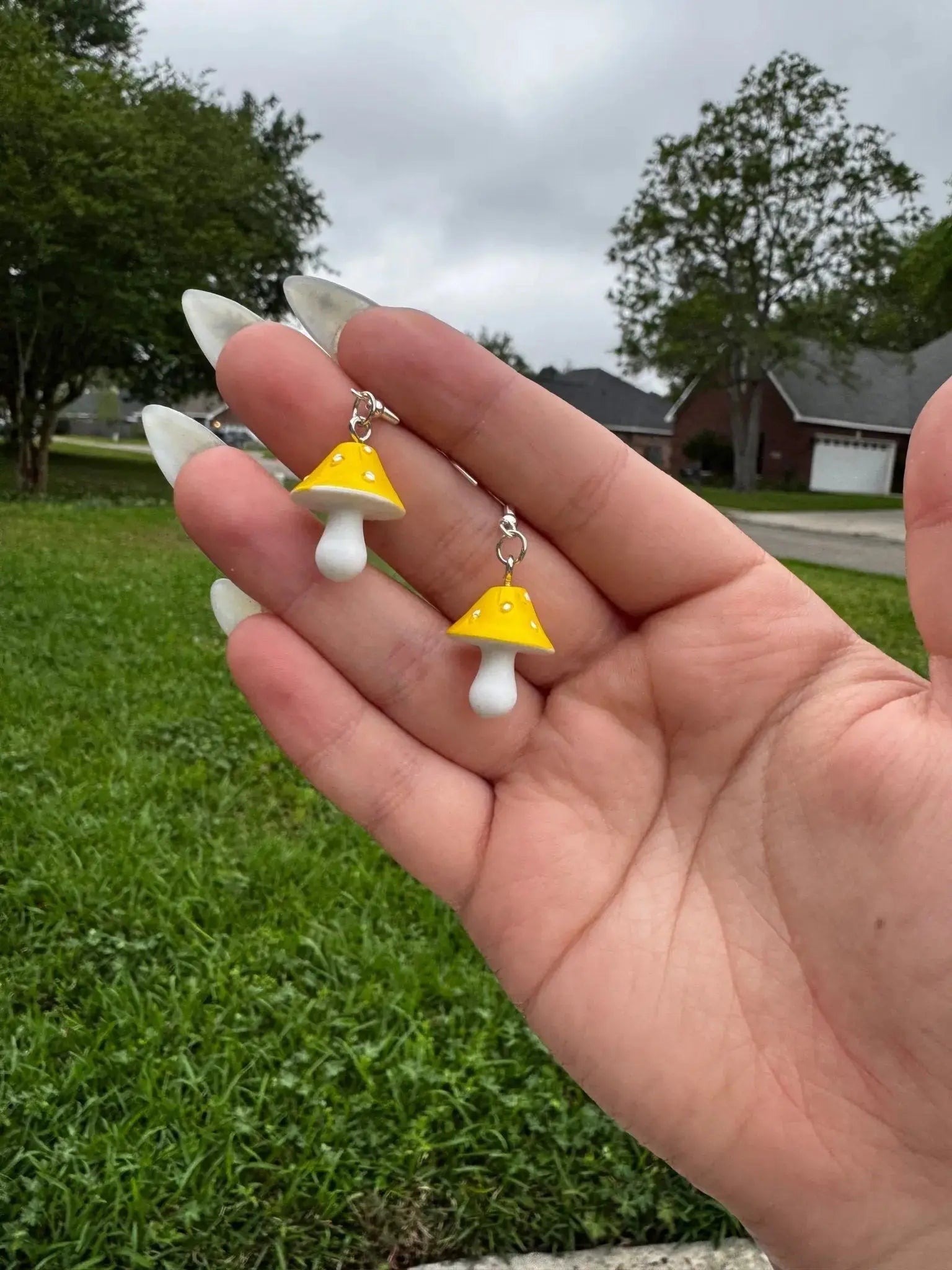 Mushroom Earrings: Handmade Yellow & White Fungi Jewelry, Woodland Fairycore Cottagecore Earrings Hypoallergenic