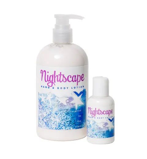 Nightscape hand and body lotion in two bottle sizes with star design.