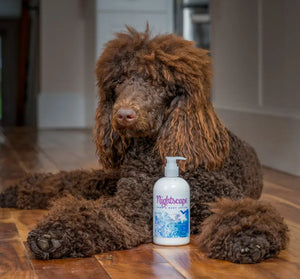 Nightscape Hand & Body Lotion pump bottle next to a brown poodle dog.