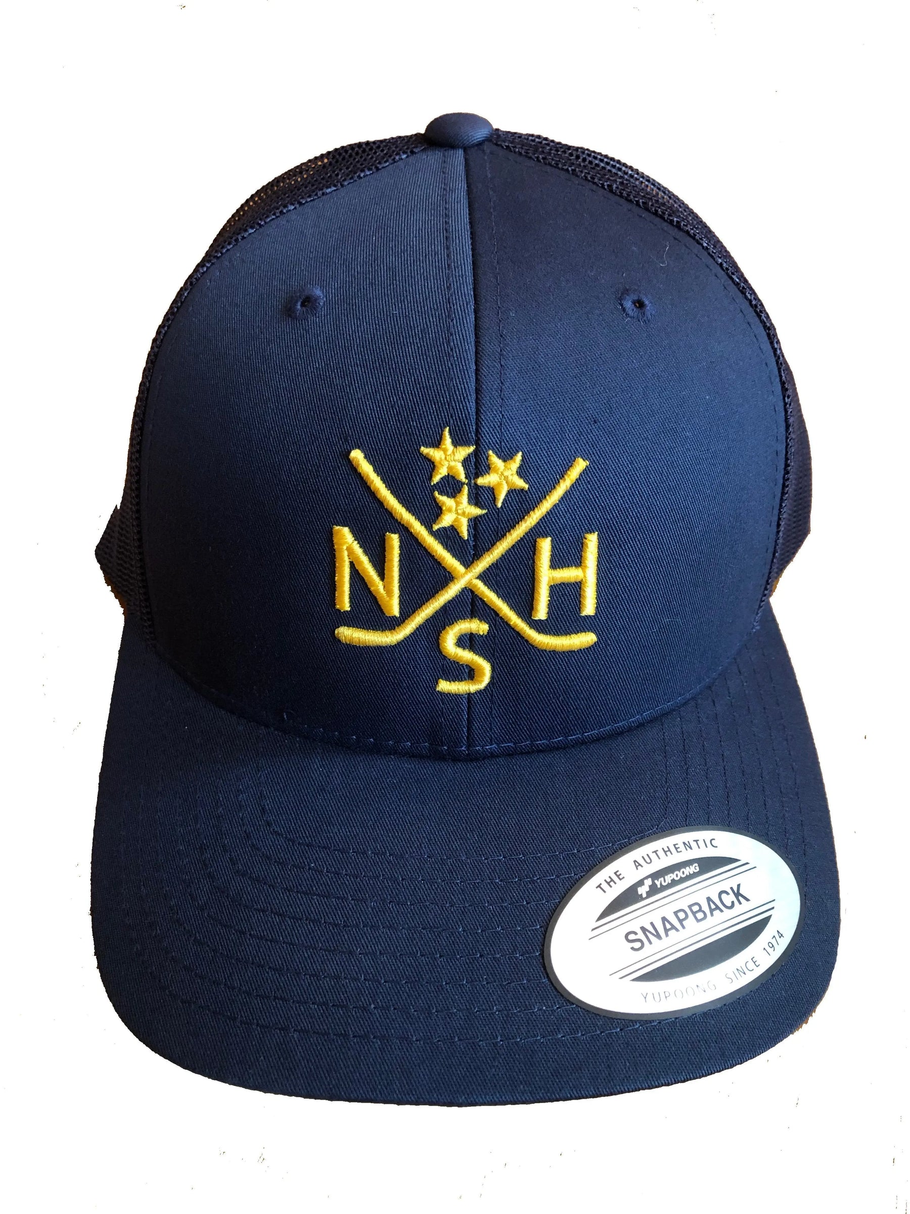 Navy blue NSH X Hockey Sticks snapback hat with embroidered logo.