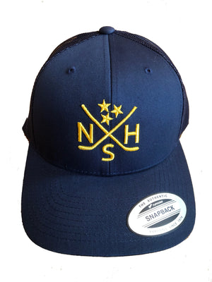 Navy blue NSH X Hockey Sticks snapback hat with embroidered logo.