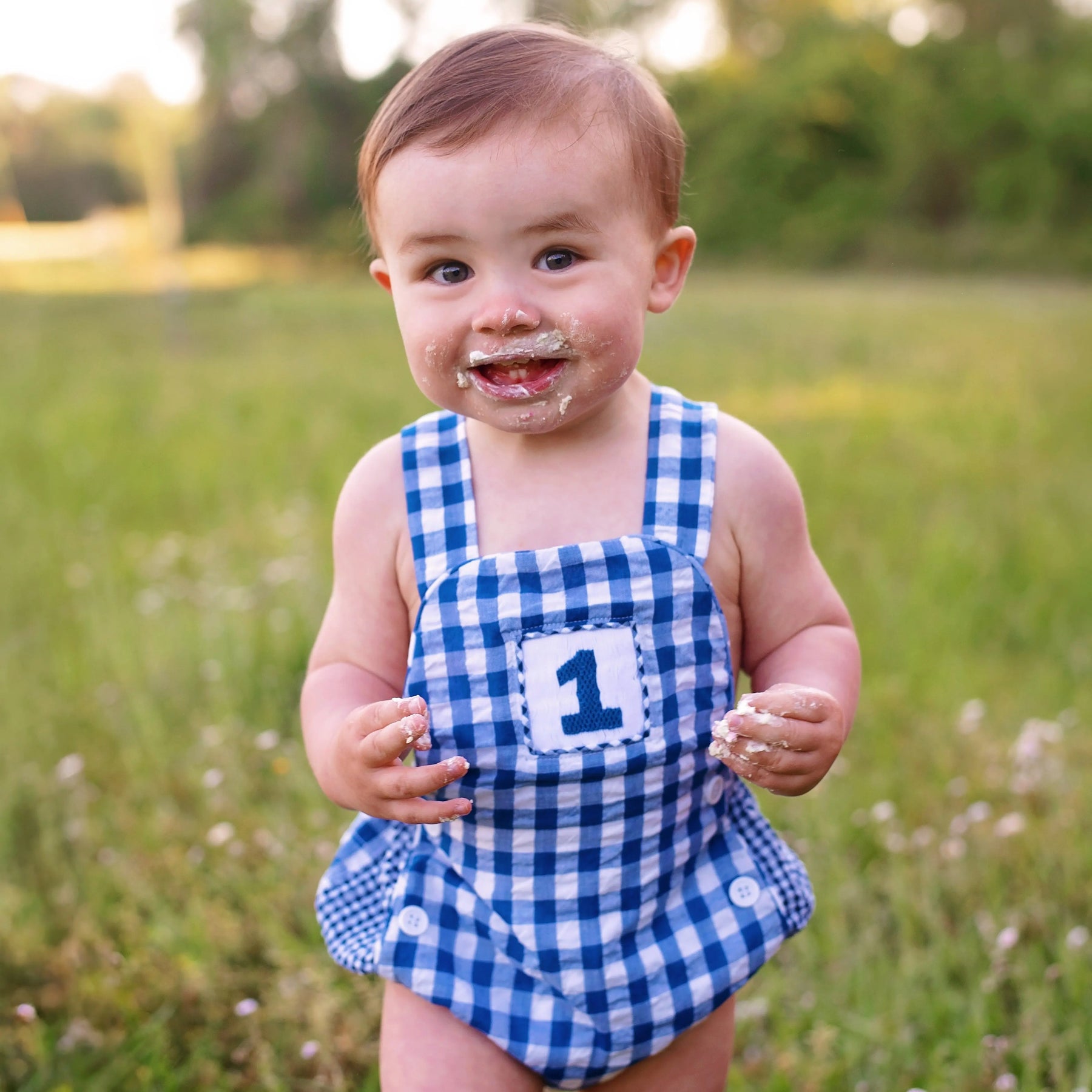 Navy Blue Smocked First Birthday Sunsuit Seven Lantern Lane