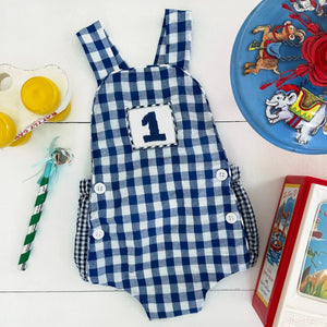Navy Blue Smocked First Birthday Sunsuit Seven Lantern Lane