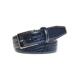 Close up of navy caiman crocodile leather belt texture
