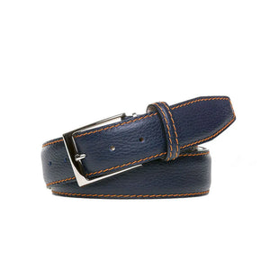 Close up of navy Italian pebble grain leather belt texture