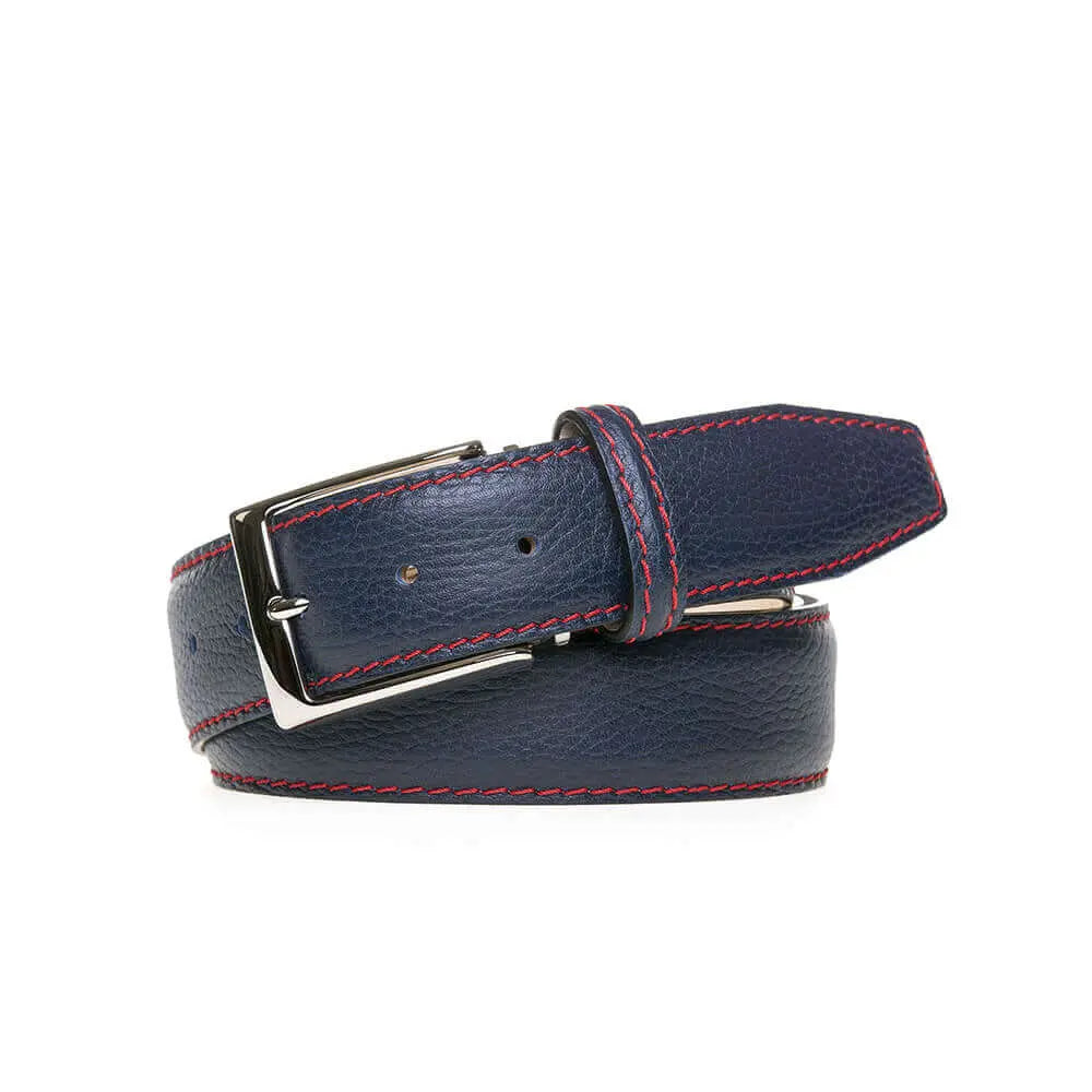 Roger Ximenez navy custom leather belt with bespoke sizing options